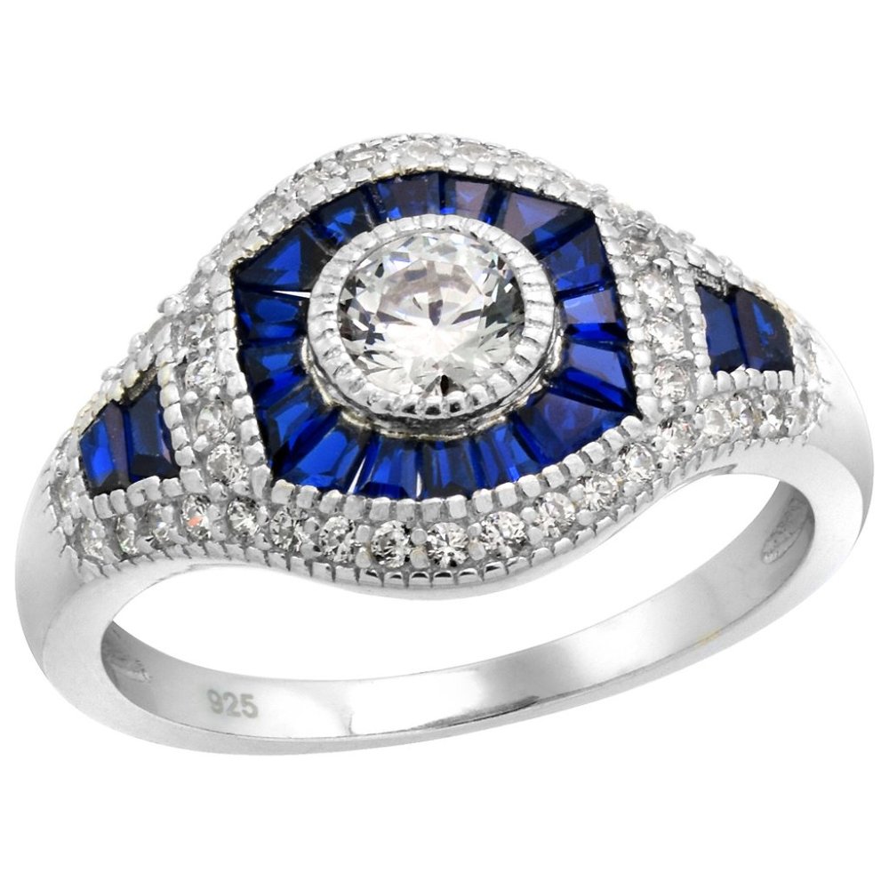 Sterling Silver Art Deco Ring Round CZ 5mm Synthetic Baguette Blue Sapphires